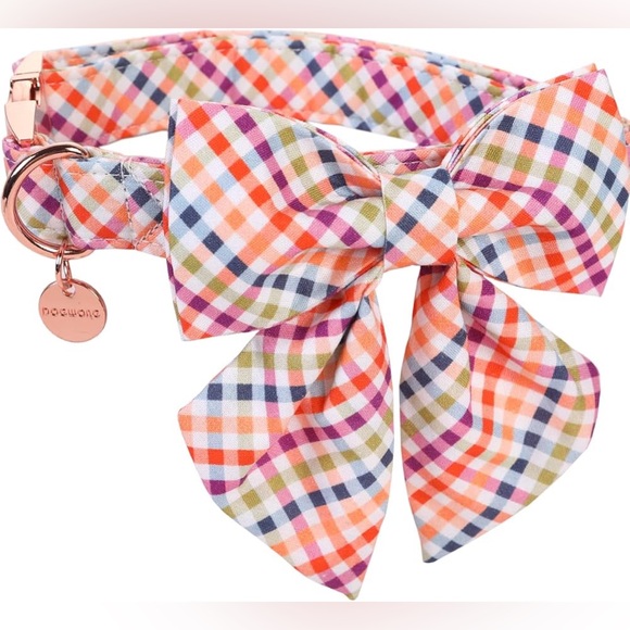 DOG WONG Gingham Rose Gold Dog Collar & Bowtie Adjustable Med Lg NWT - Picture 3 of 8